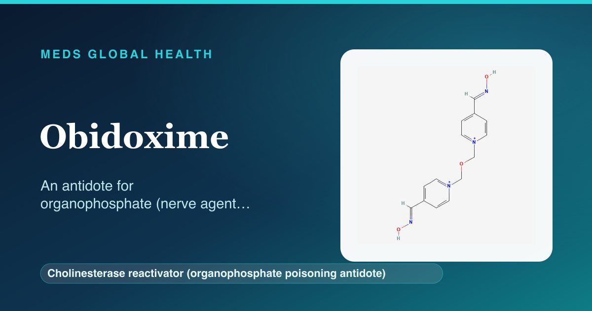 Obidoxime (Cholinesterase reactivator (organophosphate poisoning antidote)) — Meds Global Health reference card with 2D molecular structure