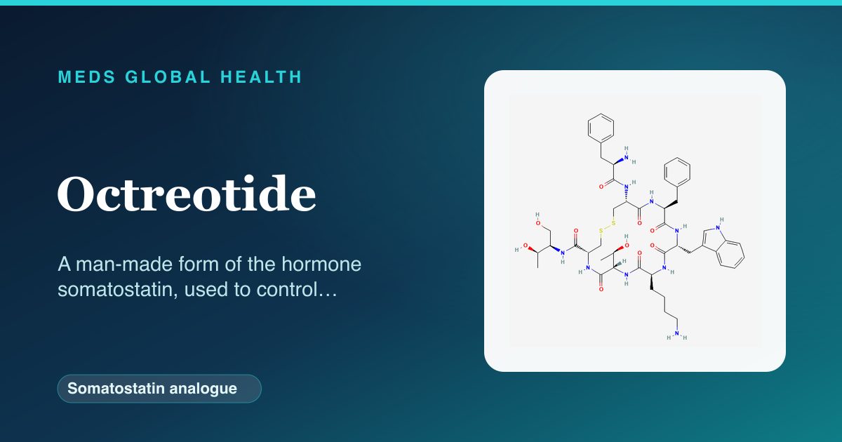 Octreotide (Somatostatin analogue) — Meds Global Health reference card with 2D molecular structure