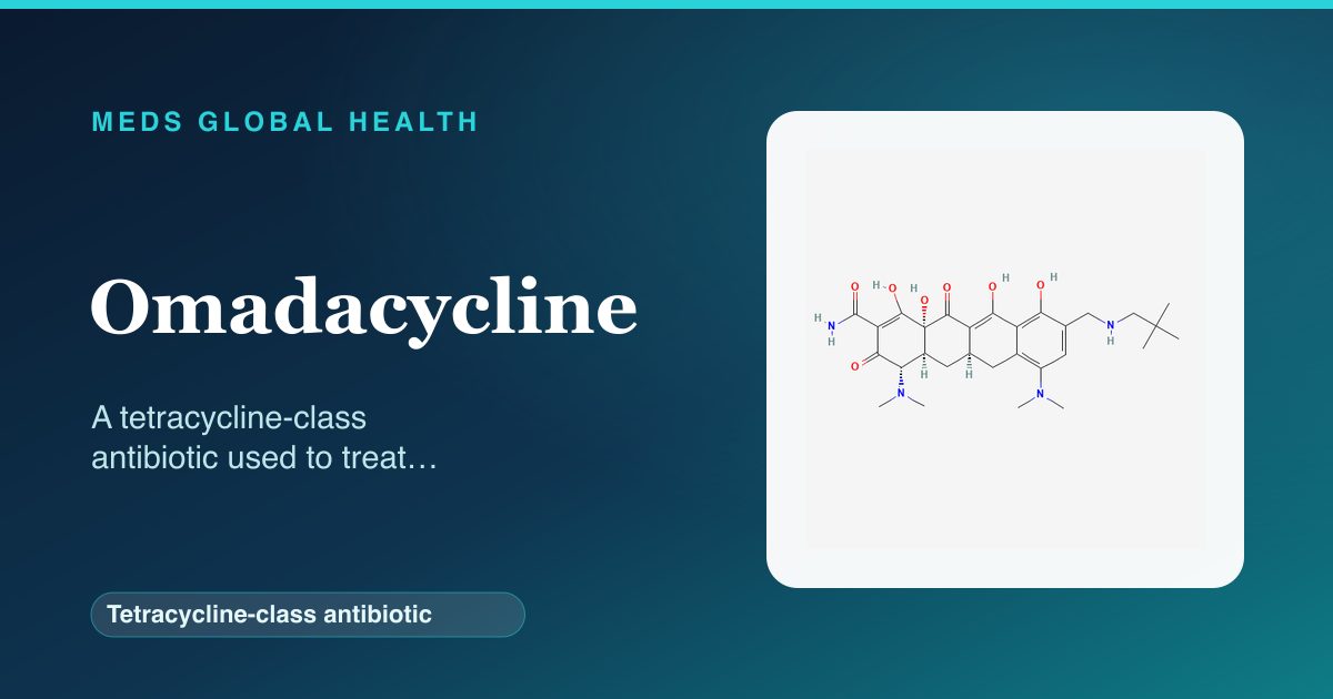 Omadacycline (Tetracycline-class antibiotic) — Meds Global Health reference card with 2D molecular structure