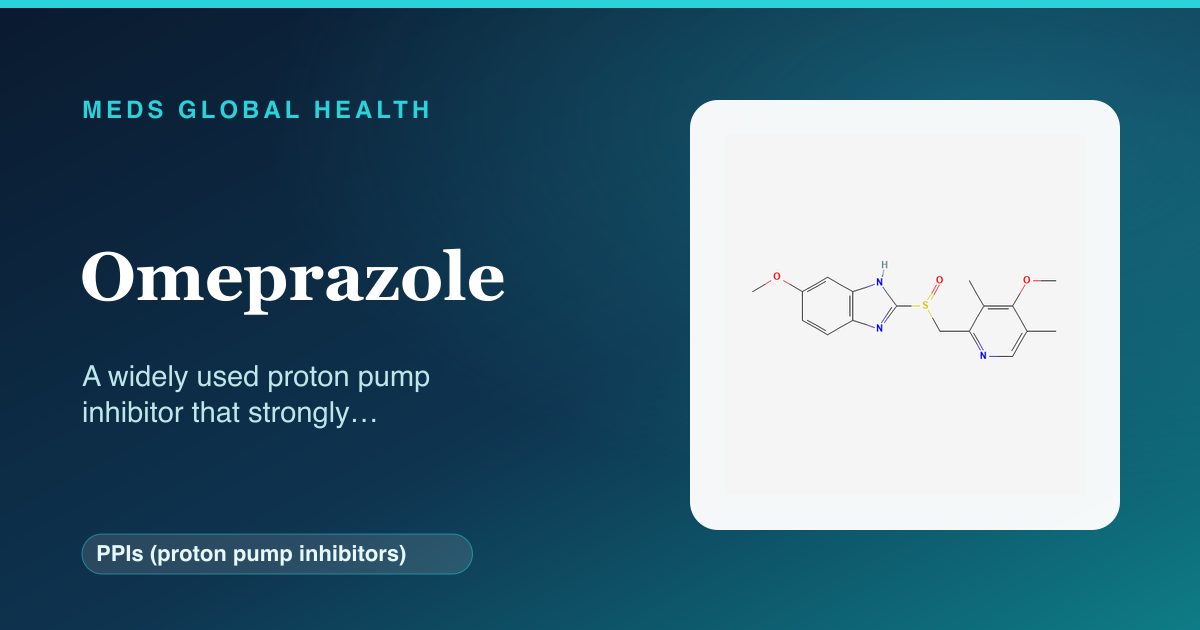 Omeprazole (PPIs (proton pump inhibitors)) — Meds Global Health reference card with 2D molecular structure