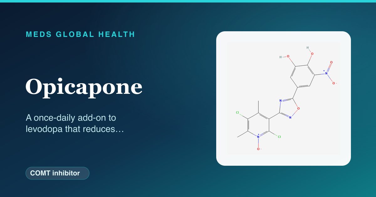Opicapone (COMT inhibitor) — Meds Global Health reference card with 2D molecular structure