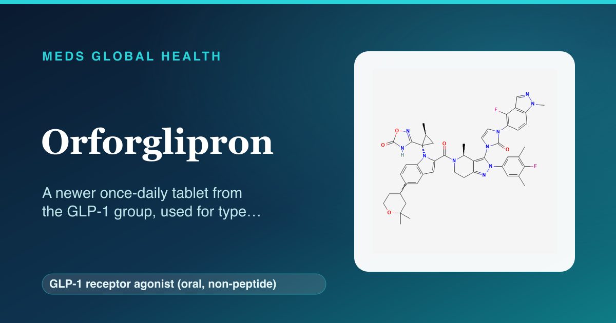 Orforglipron (GLP-1 receptor agonist (oral, non-peptide)) — Meds Global Health reference card with 2D molecular structure