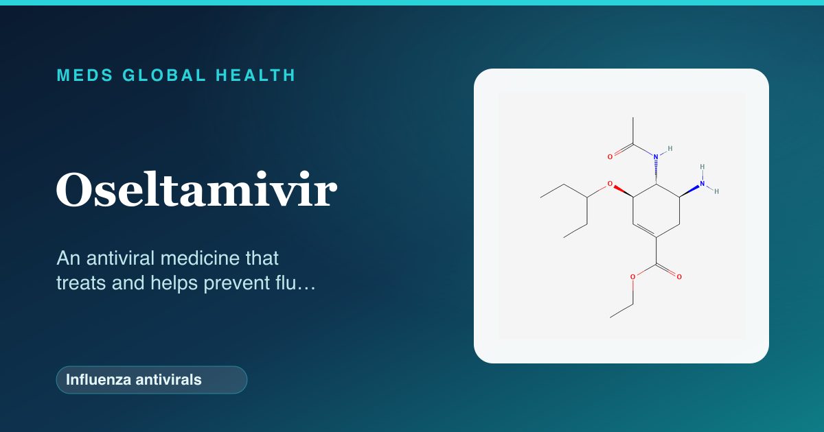 Oseltamivir (Influenza antivirals) — Meds Global Health reference card with 2D molecular structure