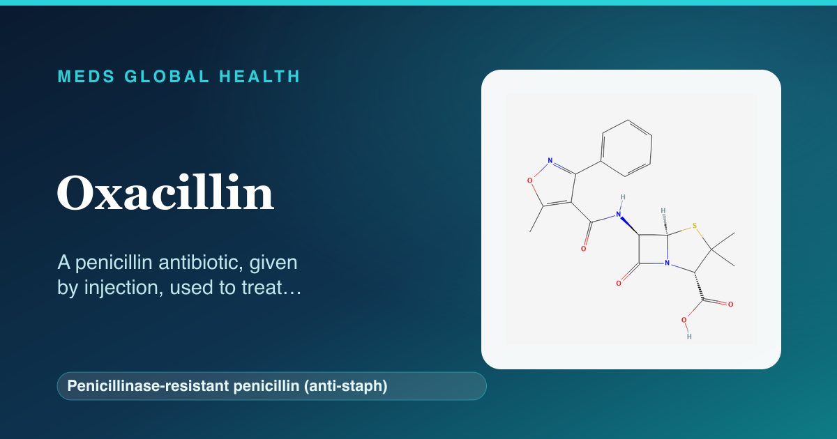 Oxacillin (Penicillinase-resistant penicillin (anti-staph)) — Meds Global Health reference card with 2D molecular structure