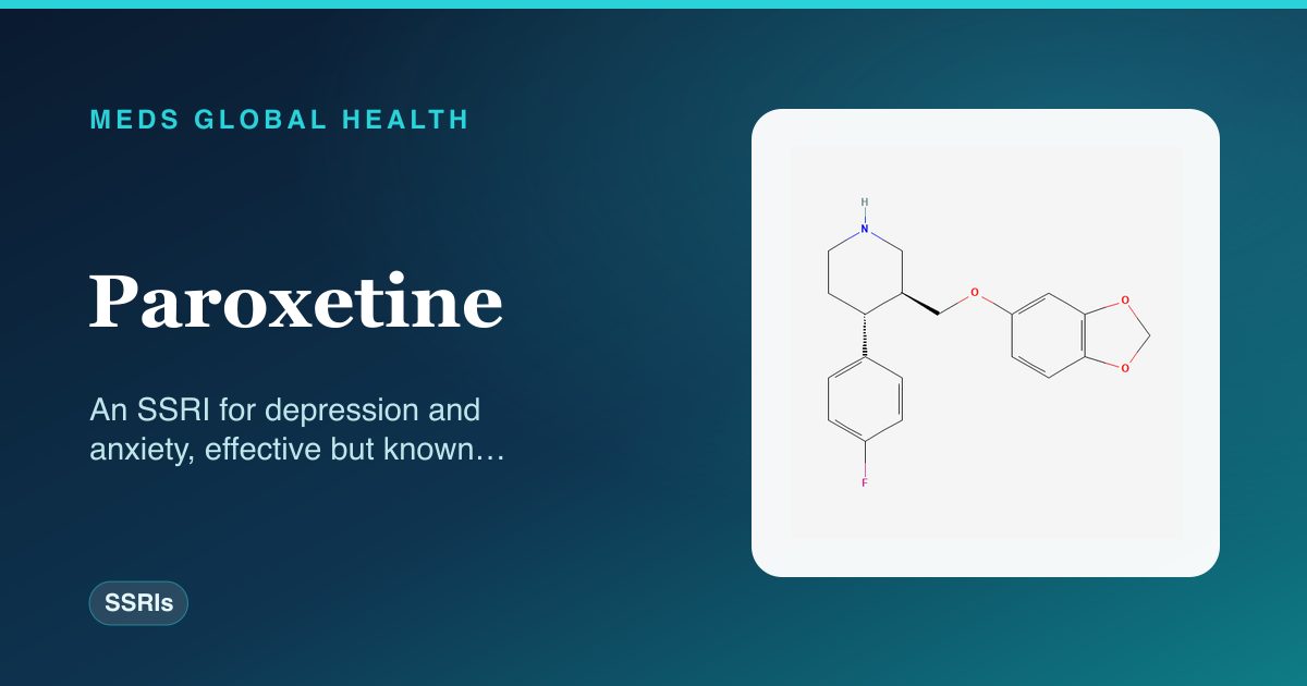 Paroxetine (SSRIs) — Meds Global Health reference card with 2D molecular structure