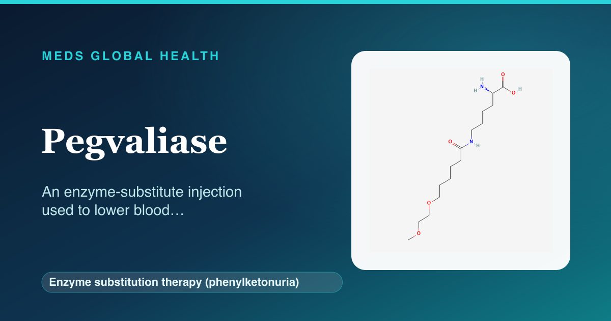 Pegvaliase (Enzyme substitution therapy (phenylketonuria)) — Meds Global Health reference card with 2D molecular structure