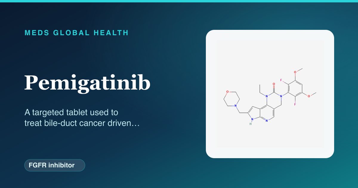 Pemigatinib (FGFR inhibitor) — Meds Global Health reference card with 2D molecular structure