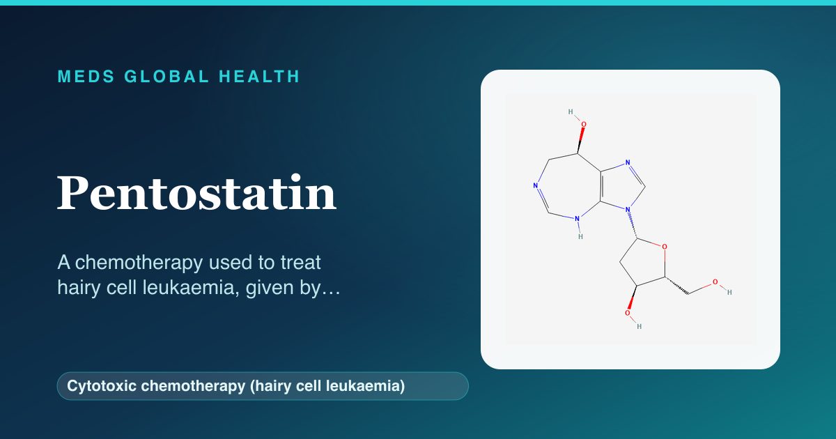 Pentostatin (Cytotoxic chemotherapy (hairy cell leukaemia)) — Meds Global Health reference card with 2D molecular structure