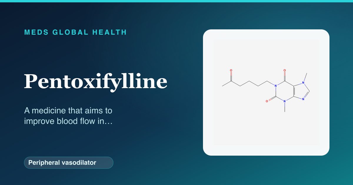 Pentoxifylline (Peripheral vasodilator) — Meds Global Health reference card with 2D molecular structure