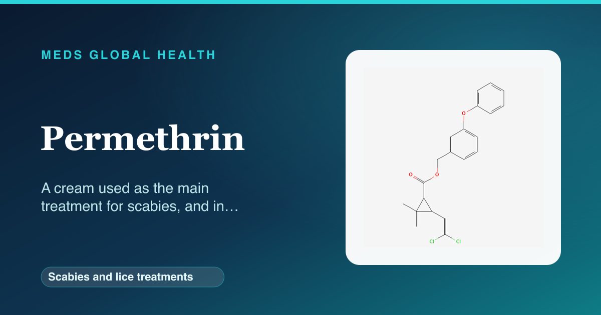 Permethrin (Scabies and lice treatments) — Meds Global Health reference card with 2D molecular structure