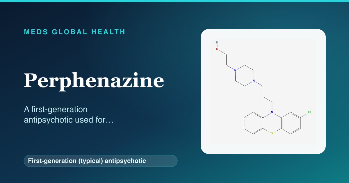 Perphenazine (First-generation (typical) antipsychotic) — Meds Global Health reference card with 2D molecular structure