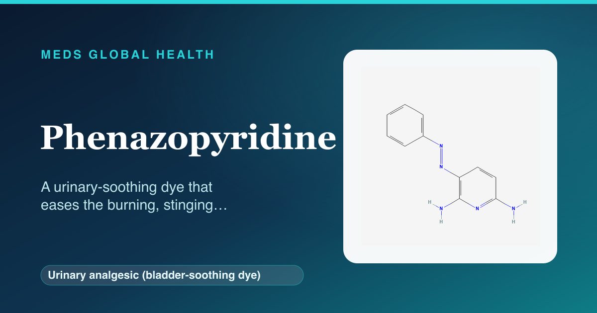 Phenazopyridine (Urinary analgesic (bladder-soothing dye)) — Meds Global Health reference card with 2D molecular structure