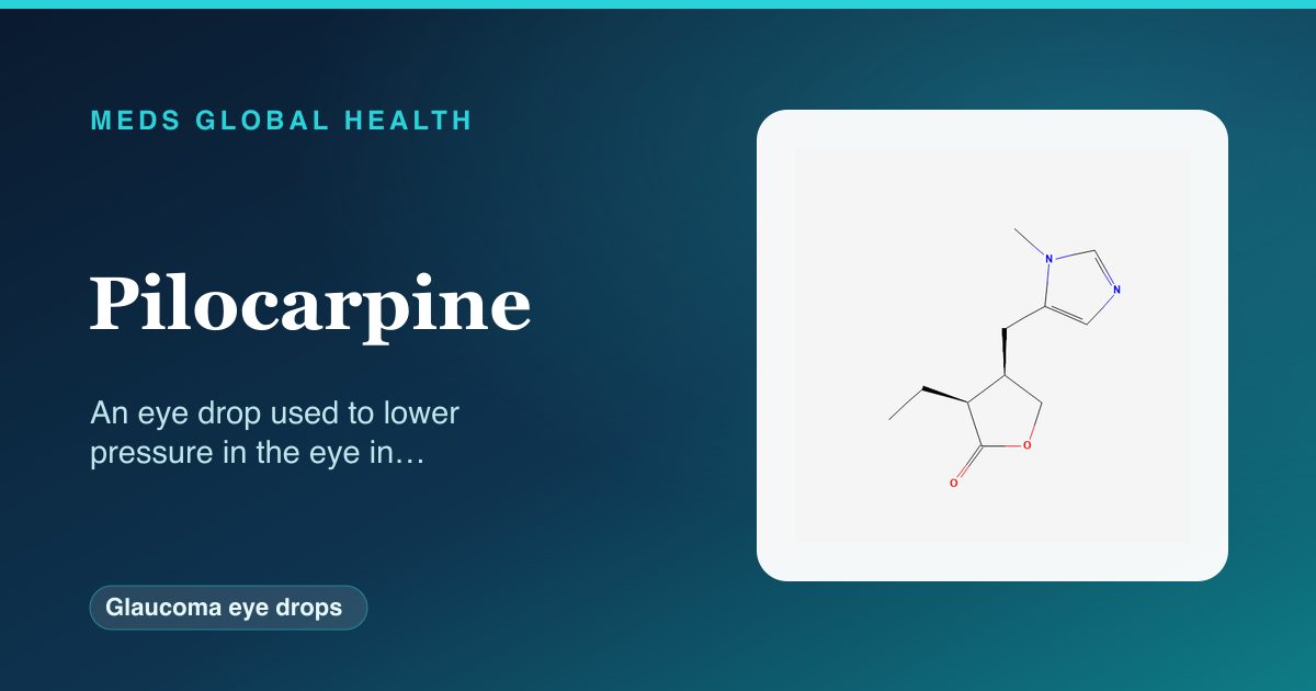 Pilocarpine (Glaucoma eye drops) — Meds Global Health reference card with 2D molecular structure