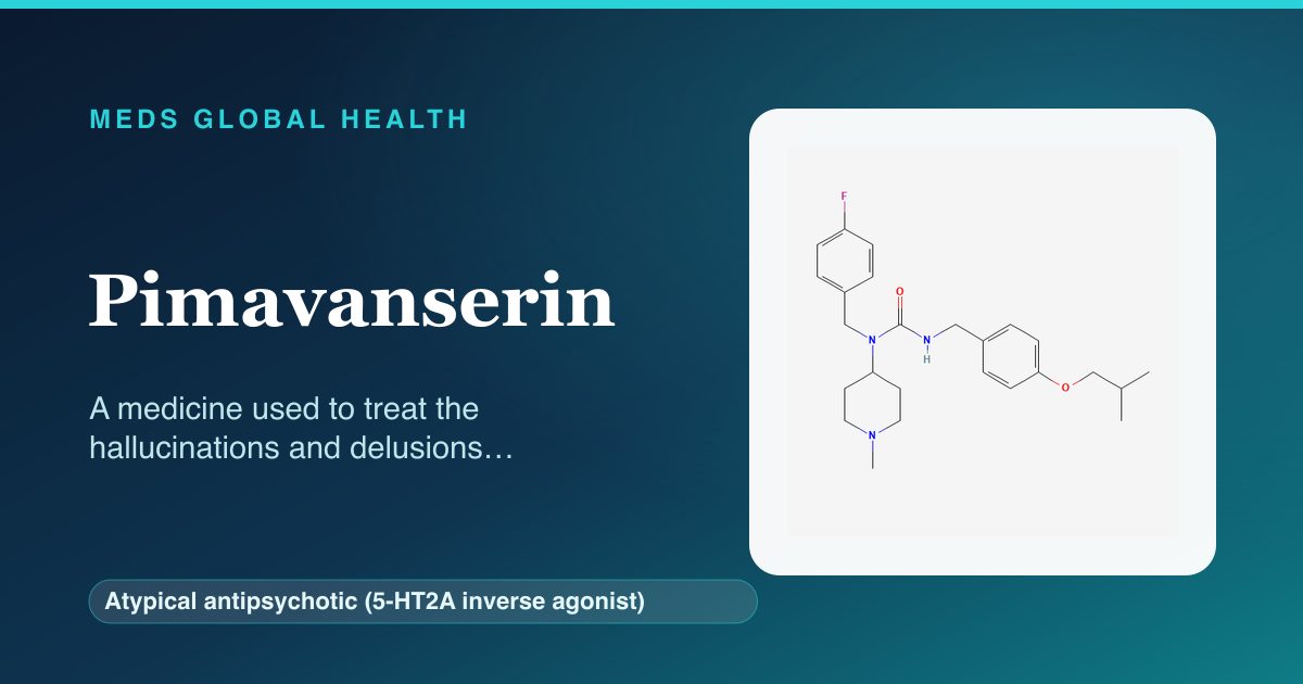 Pimavanserin (Atypical antipsychotic (5-HT2A inverse agonist)) — Meds Global Health reference card with 2D molecular structure