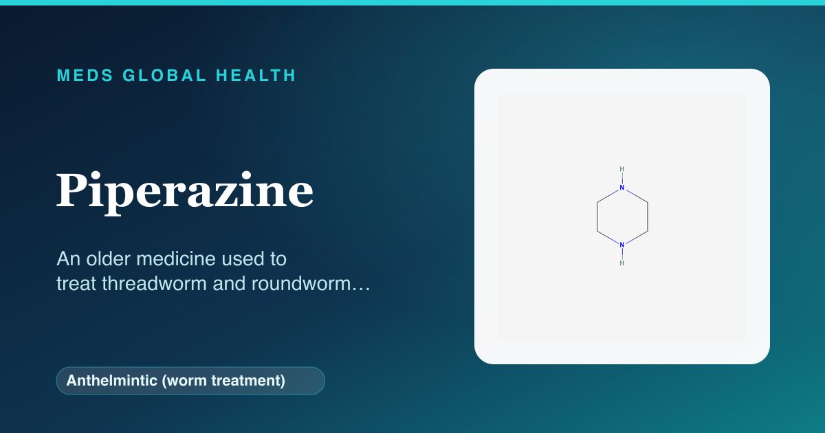 Piperazine (Anthelmintic (worm treatment)) — Meds Global Health reference card with 2D molecular structure