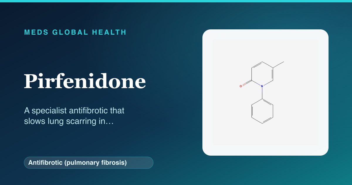 Pirfenidone (Antifibrotic (pulmonary fibrosis)) — Meds Global Health reference card with 2D molecular structure