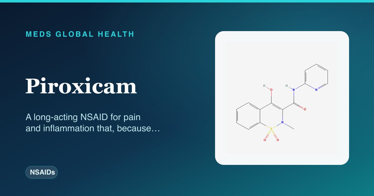 Piroxicam (NSAIDs) — Meds Global Health reference card with 2D molecular structure