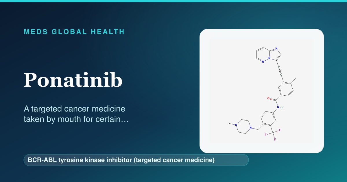 Ponatinib (BCR-ABL tyrosine kinase inhibitor (targeted cancer medicine)) — Meds Global Health reference card with 2D molecular structure