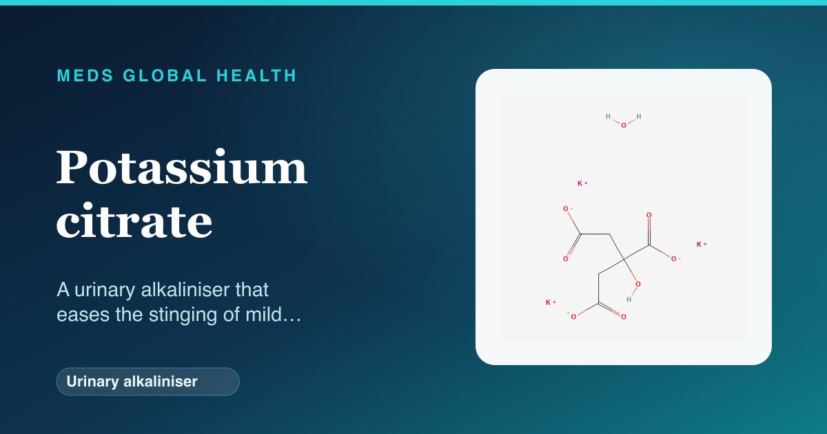 Potassium citrate (Urinary alkaliniser) — Meds Global Health reference card with 2D molecular structure
