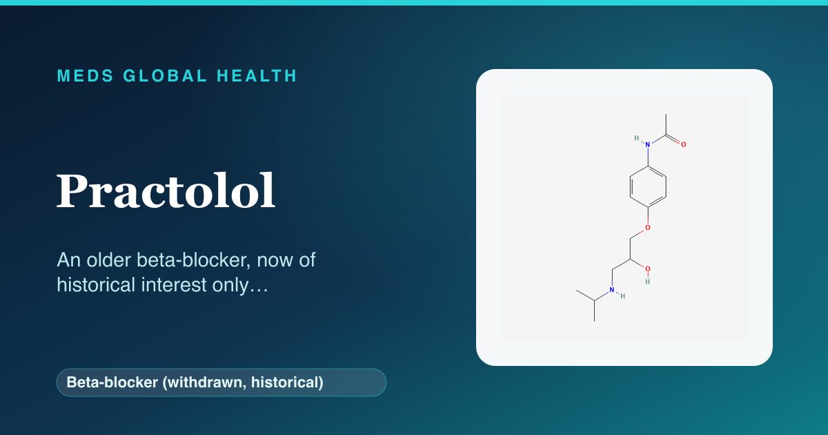 Practolol (Beta-blocker (withdrawn, historical)) — Meds Global Health reference card with 2D molecular structure
