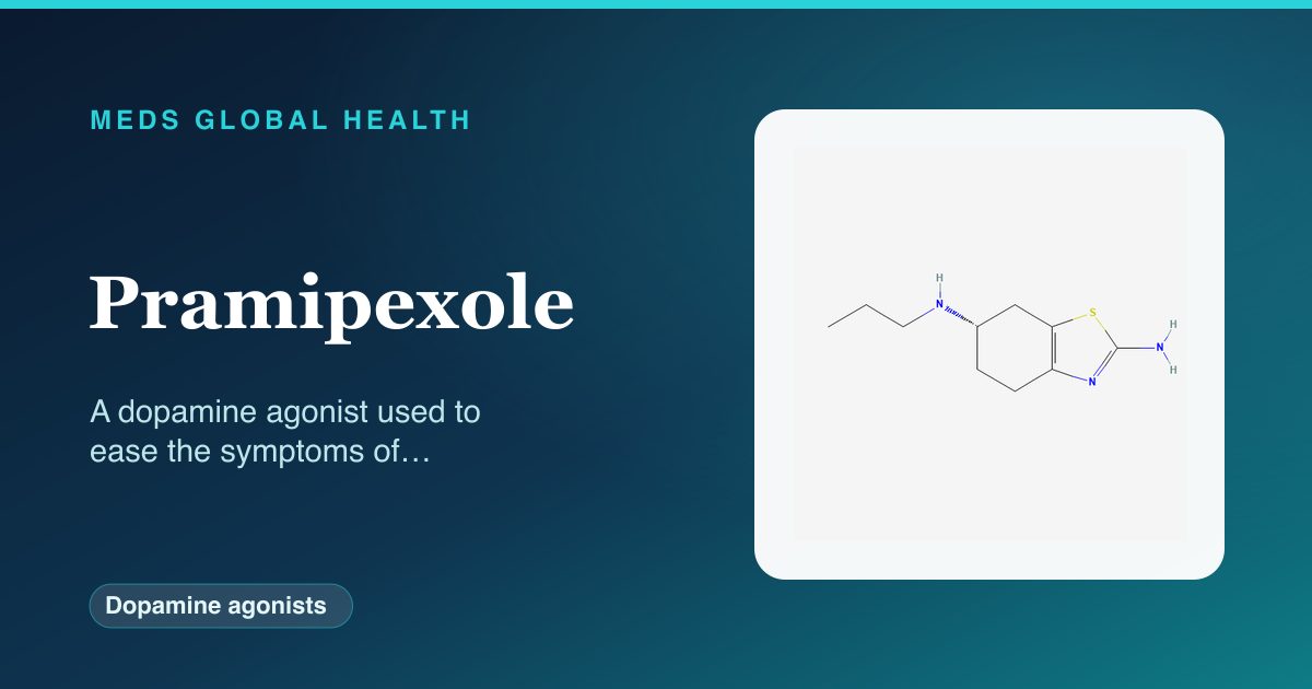 Pramipexole (Dopamine agonists) — Meds Global Health reference card with 2D molecular structure