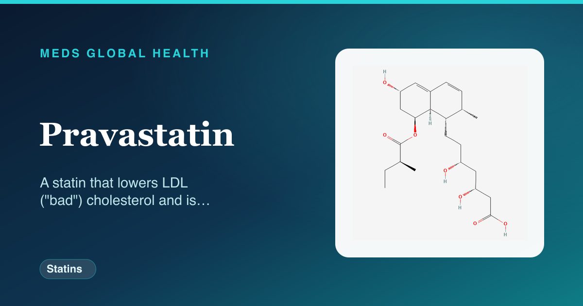Pravastatin (Statins) — Meds Global Health reference card with 2D molecular structure