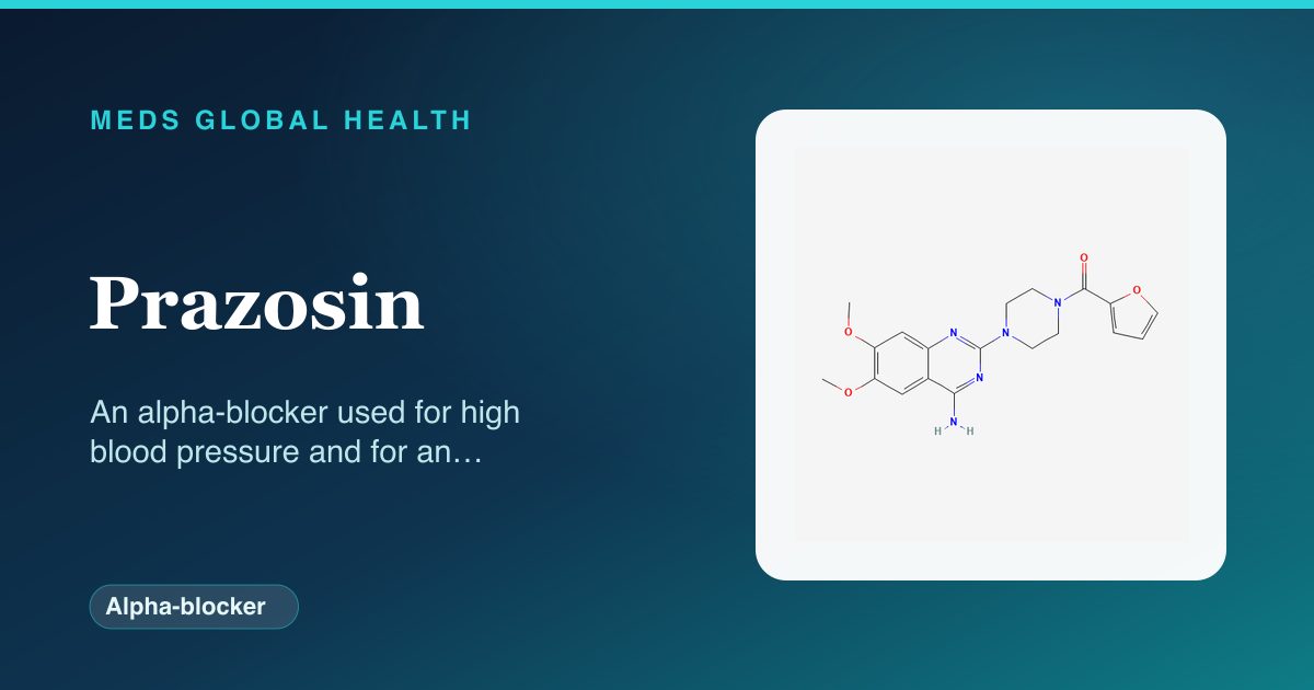 Prazosin (Alpha-blocker) — Meds Global Health reference card with 2D molecular structure
