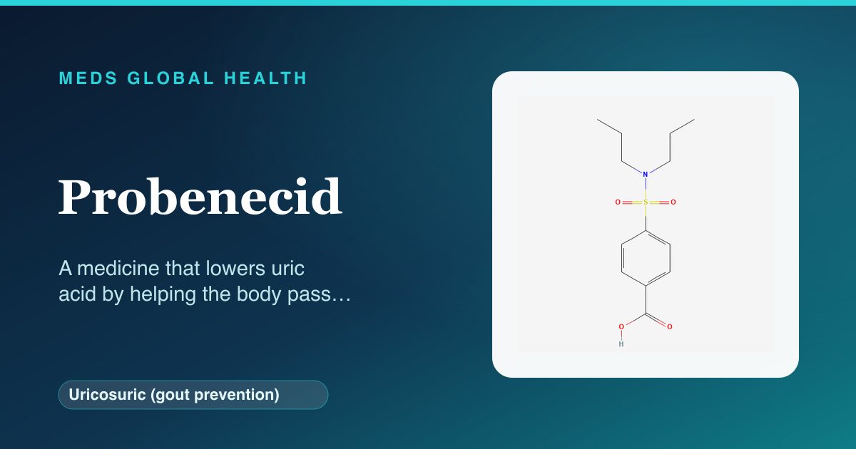 Probenecid (Uricosuric (gout prevention)) — Meds Global Health reference card with 2D molecular structure