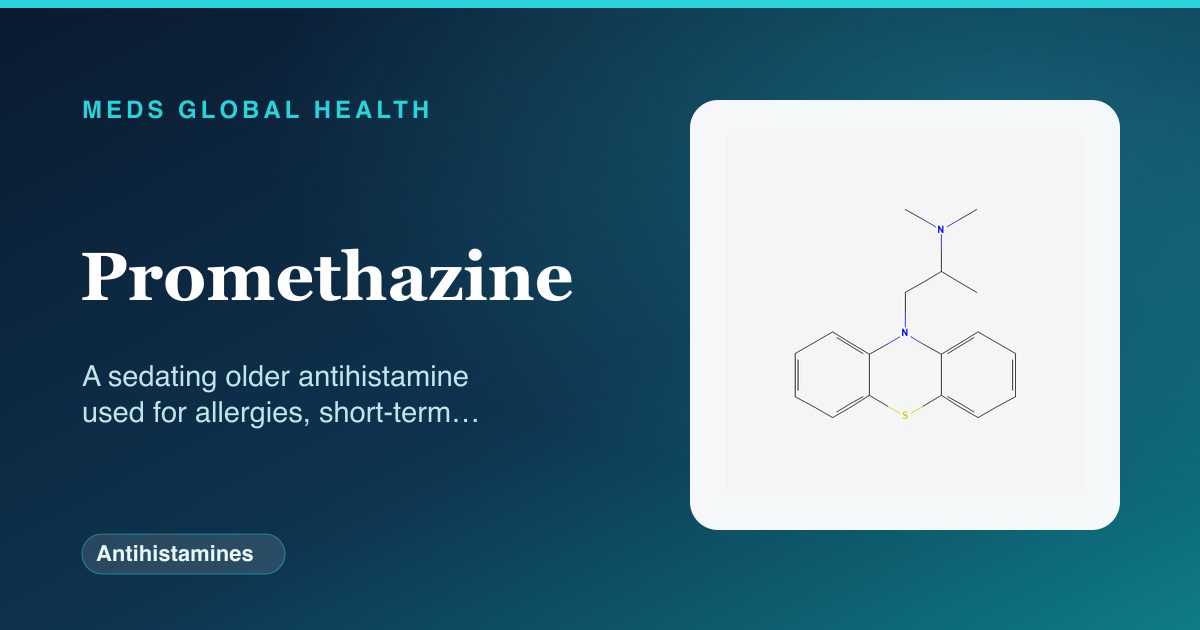 Promethazine (Antihistamines) — Meds Global Health reference card with 2D molecular structure