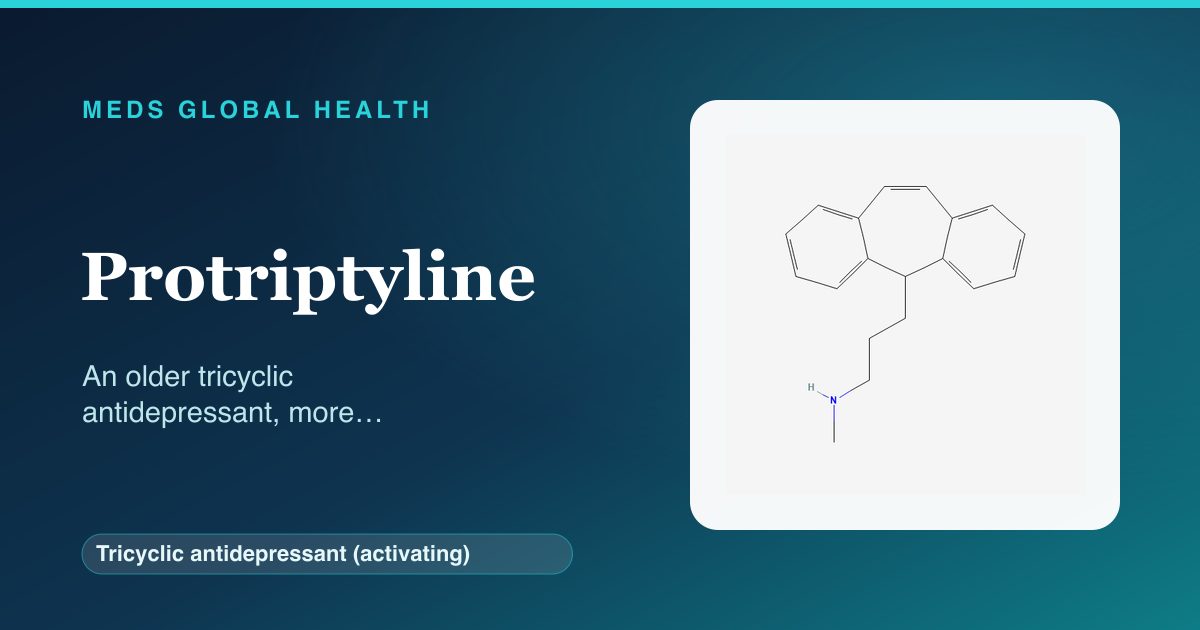 Protriptyline (Tricyclic antidepressant (activating)) — Meds Global Health reference card with 2D molecular structure