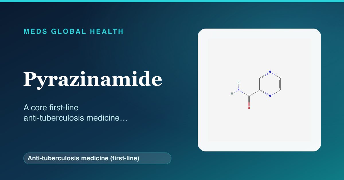 Pyrazinamide (Anti-tuberculosis medicine (first-line)) — Meds Global Health reference card with 2D molecular structure
