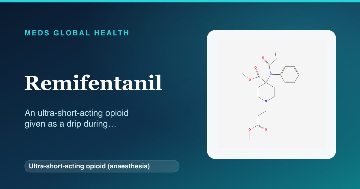 Remifentanil (Ultra-short-acting opioid (anaesthesia)) — Meds Global Health reference card with 2D molecular structure