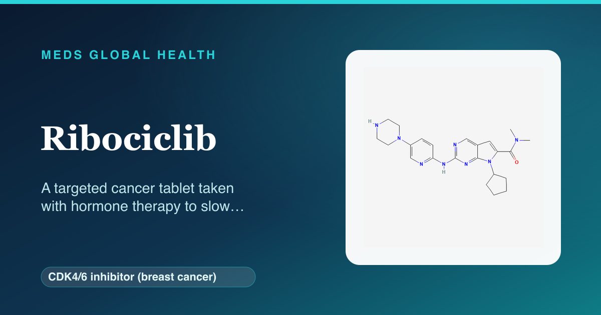 Ribociclib (CDK4/6 inhibitor (breast cancer)) — Meds Global Health reference card with 2D molecular structure
