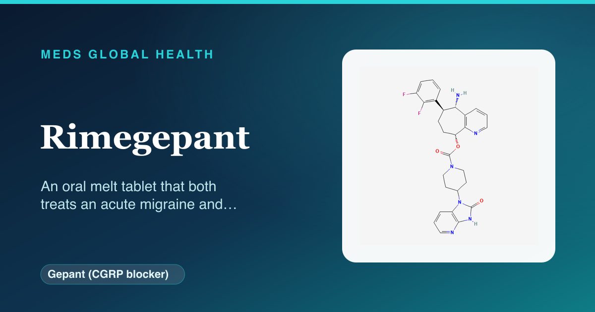 Rimegepant (Gepant (CGRP blocker)) — Meds Global Health reference card with 2D molecular structure