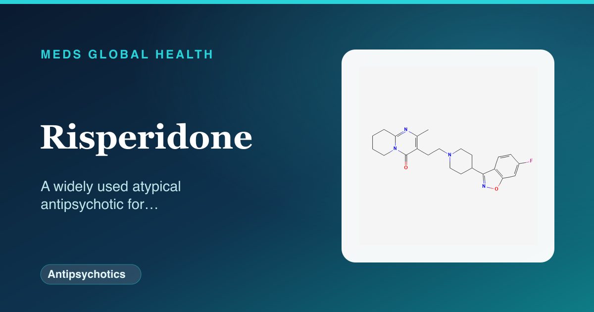 Risperidone (Antipsychotics) — Meds Global Health reference card with 2D molecular structure