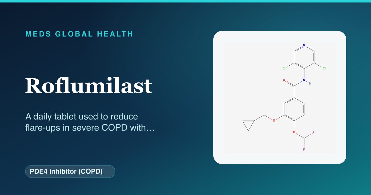 Roflumilast (PDE4 inhibitor (COPD)) — Meds Global Health reference card with 2D molecular structure
