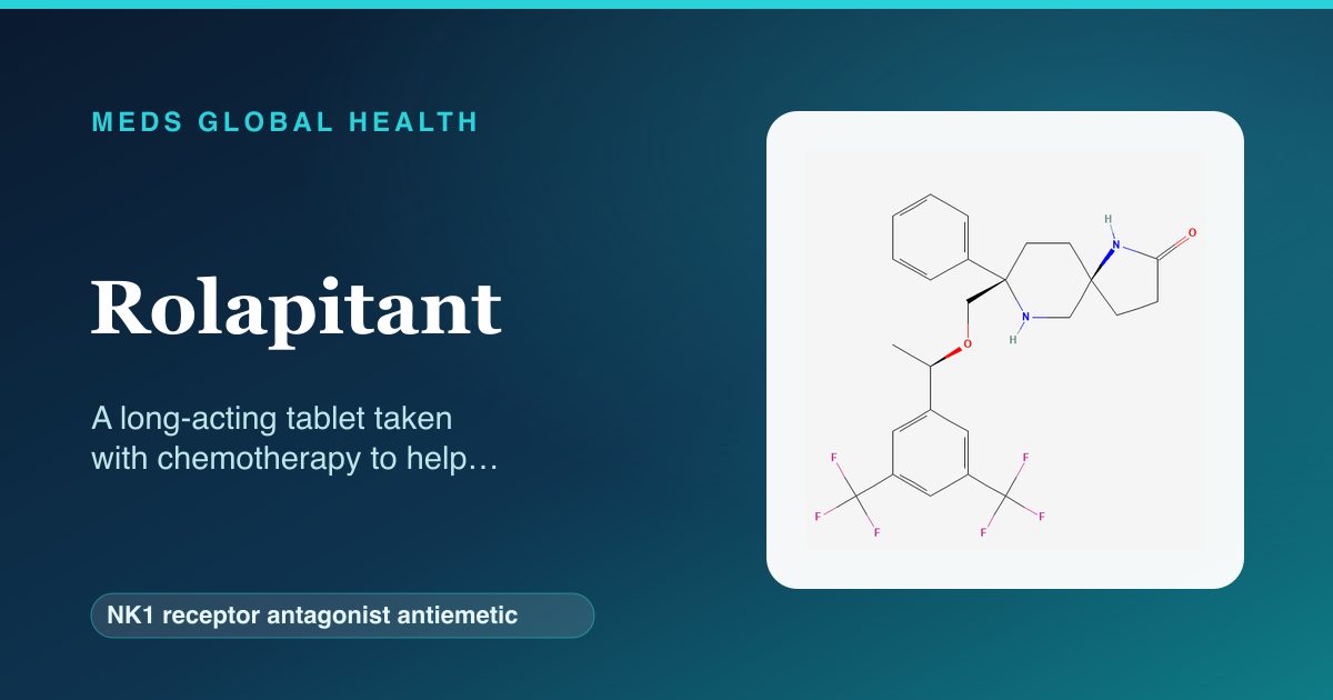Rolapitant (NK1 receptor antagonist antiemetic) — Meds Global Health reference card with 2D molecular structure