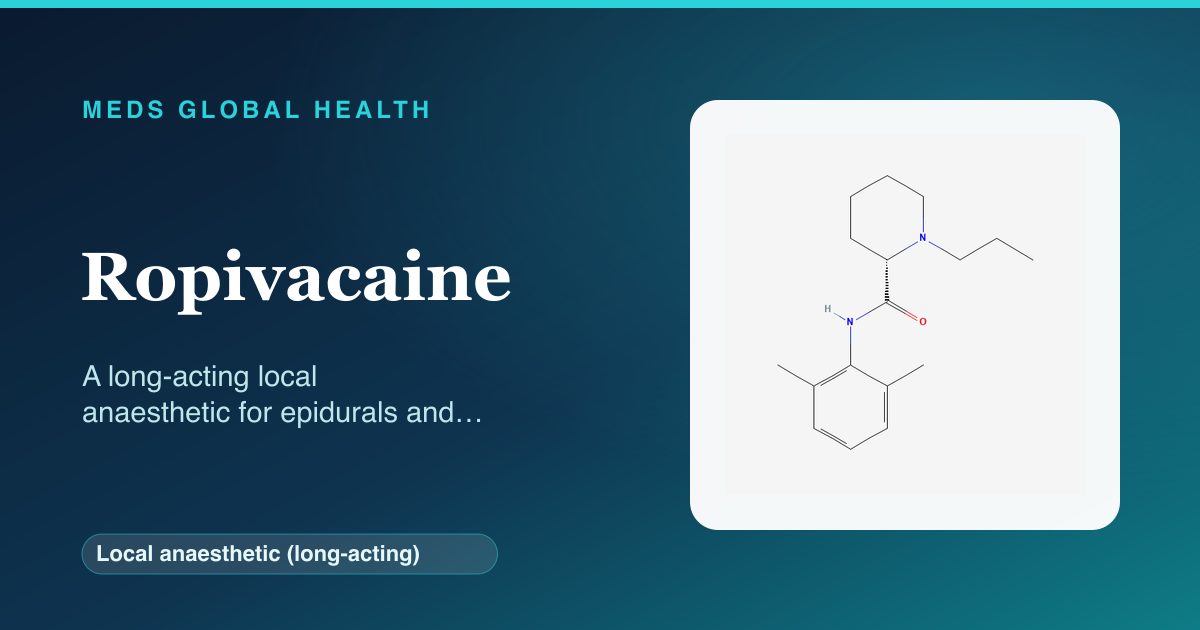Ropivacaine (Local anaesthetic (long-acting)) — Meds Global Health reference card with 2D molecular structure