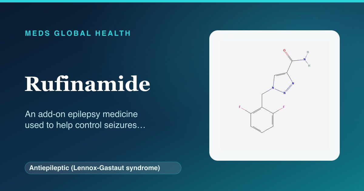 Rufinamide (Antiepileptic (Lennox-Gastaut syndrome)) — Meds Global Health reference card with 2D molecular structure