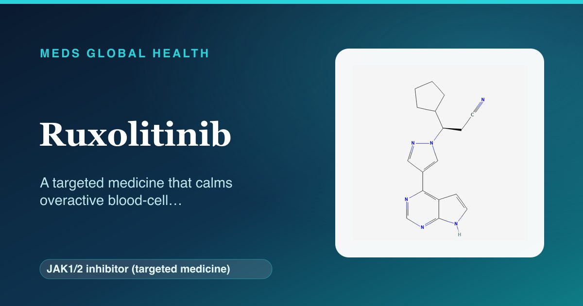 Ruxolitinib (JAK1/2 inhibitor (targeted medicine)) — Meds Global Health reference card with 2D molecular structure
