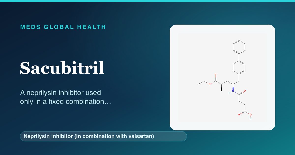 Sacubitril (Neprilysin inhibitor (in combination with valsartan)) — Meds Global Health reference card with 2D molecular structure