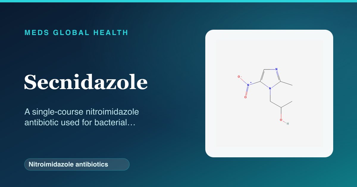 Secnidazole (Nitroimidazole antibiotics) — Meds Global Health reference card with 2D molecular structure