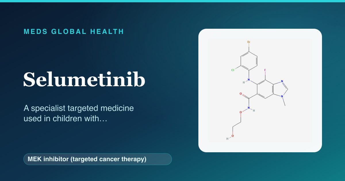 Selumetinib (MEK inhibitor (targeted cancer therapy)) — Meds Global Health reference card with 2D molecular structure