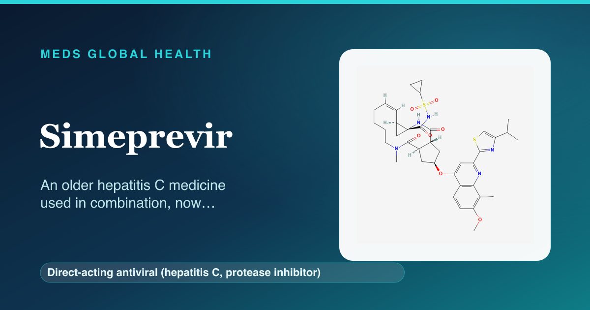 Simeprevir (Direct-acting antiviral (hepatitis C, protease inhibitor)) — Meds Global Health reference card with 2D molecular structure