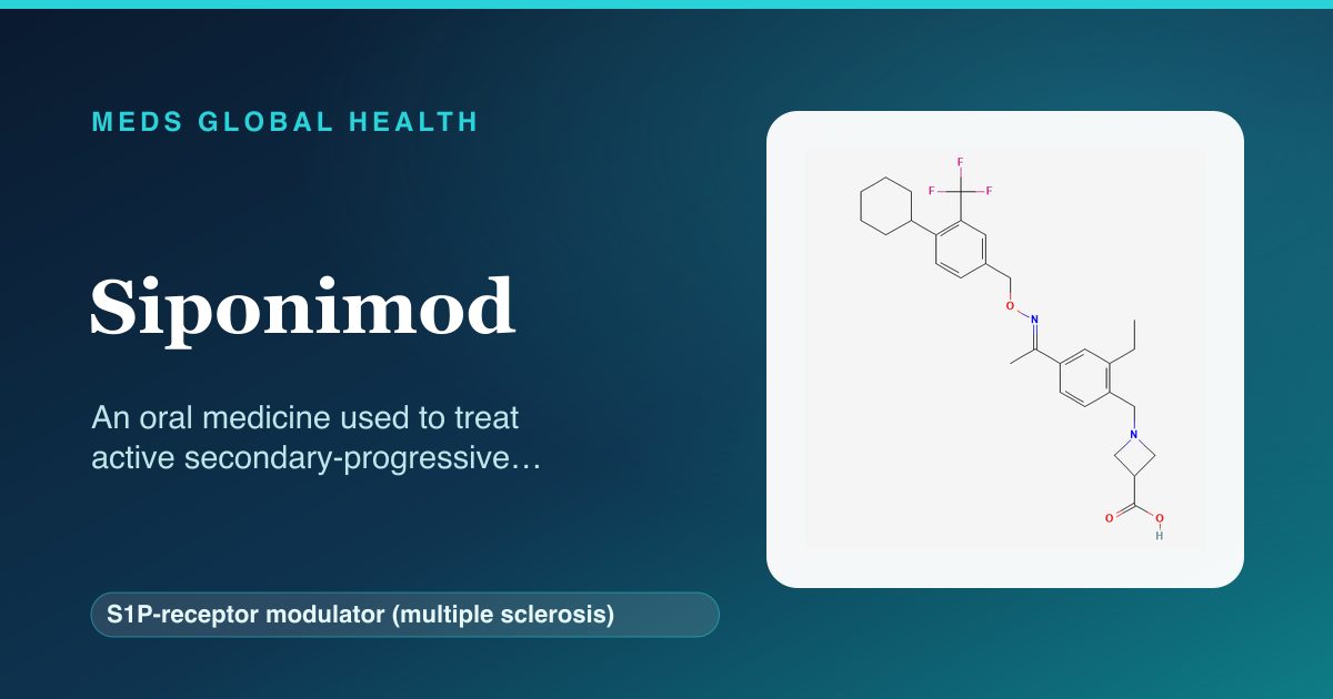 Siponimod (S1P-receptor modulator (multiple sclerosis)) — Meds Global Health reference card with 2D molecular structure