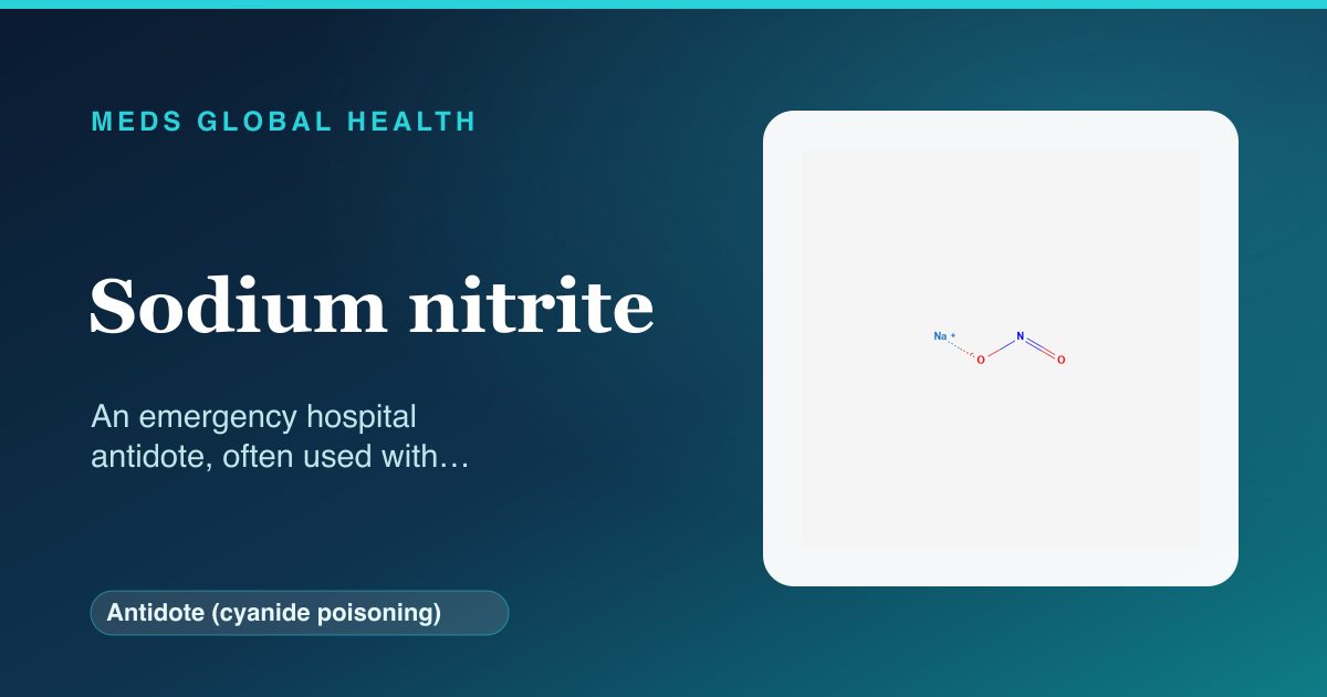 Sodium nitrite (Antidote (cyanide poisoning)) — Meds Global Health reference card with 2D molecular structure