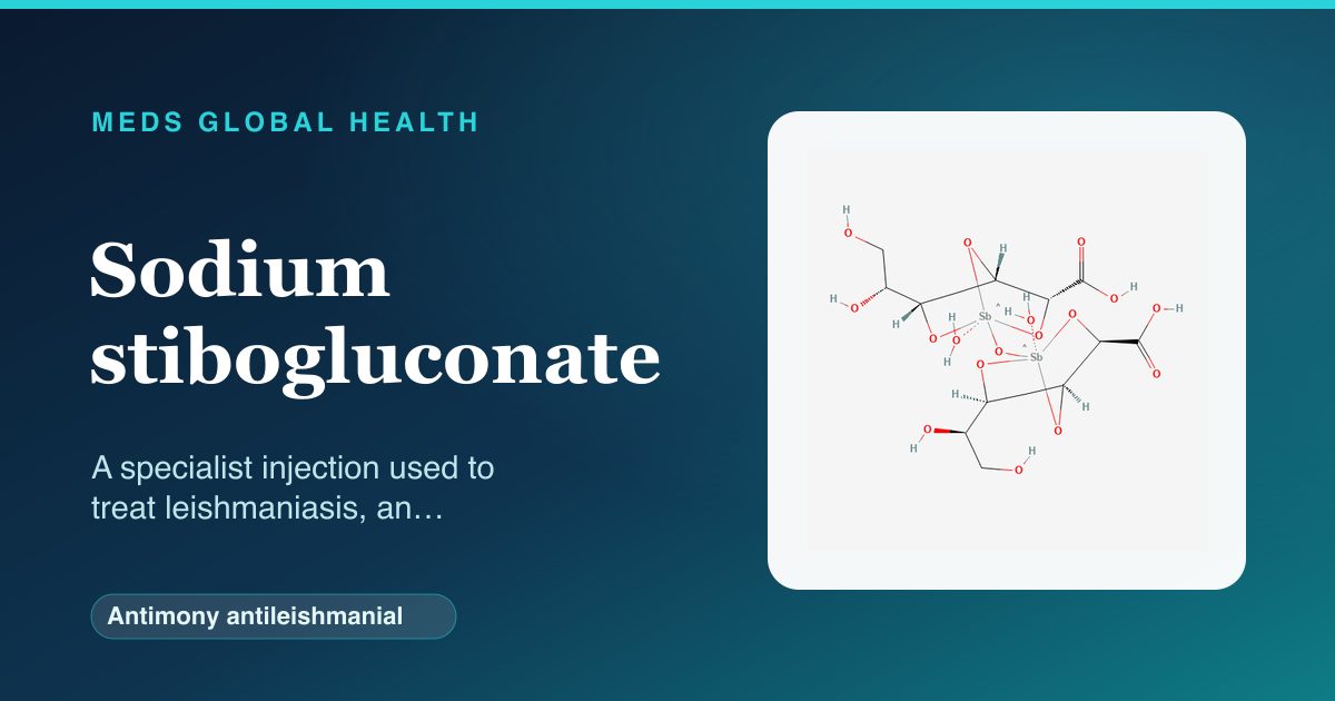 Sodium stibogluconate (Antimony antileishmanial) — Meds Global Health reference card with 2D molecular structure