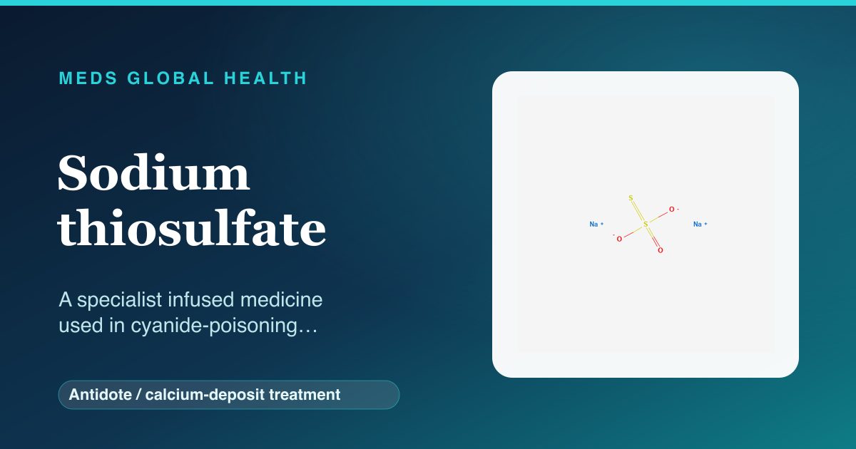 Sodium thiosulfate (Antidote / calcium-deposit treatment) — Meds Global Health reference card with 2D molecular structure