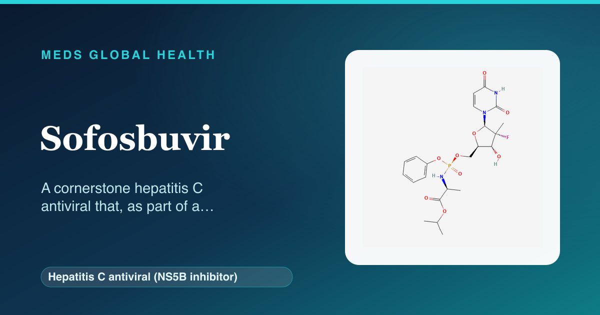 Sofosbuvir (Hepatitis C antiviral (NS5B inhibitor)) — Meds Global Health reference card with 2D molecular structure