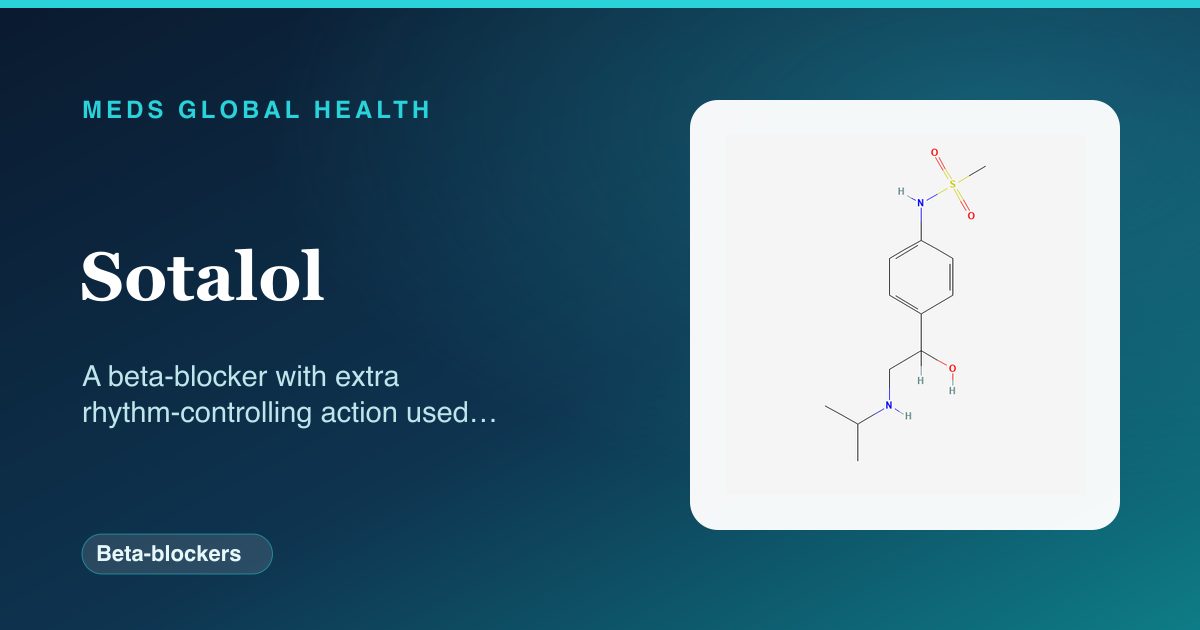 Sotalol (Beta-blockers) — Meds Global Health reference card with 2D molecular structure